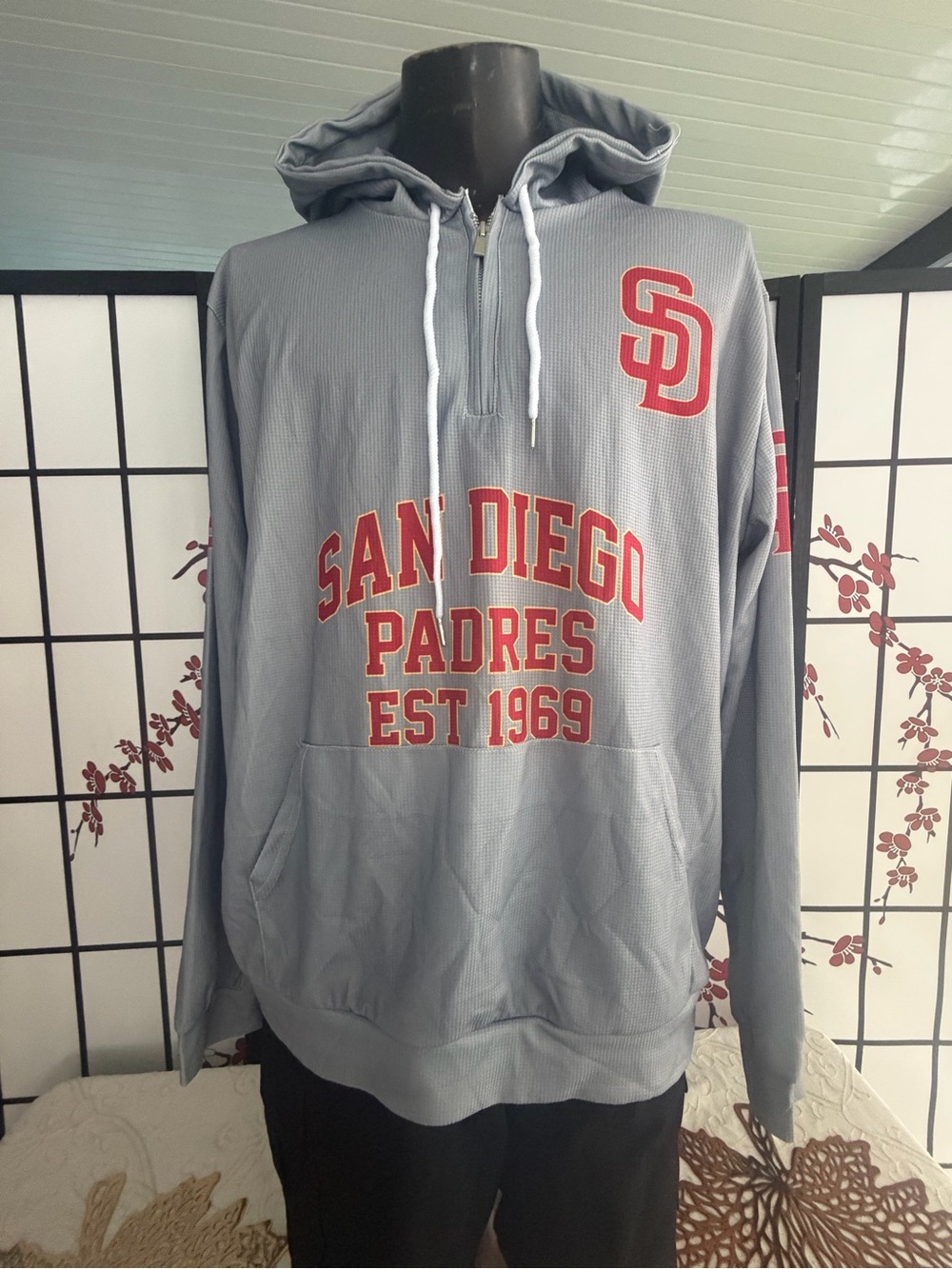 Gray Hooded Pullover Sweatshirt with Red Team Graphics